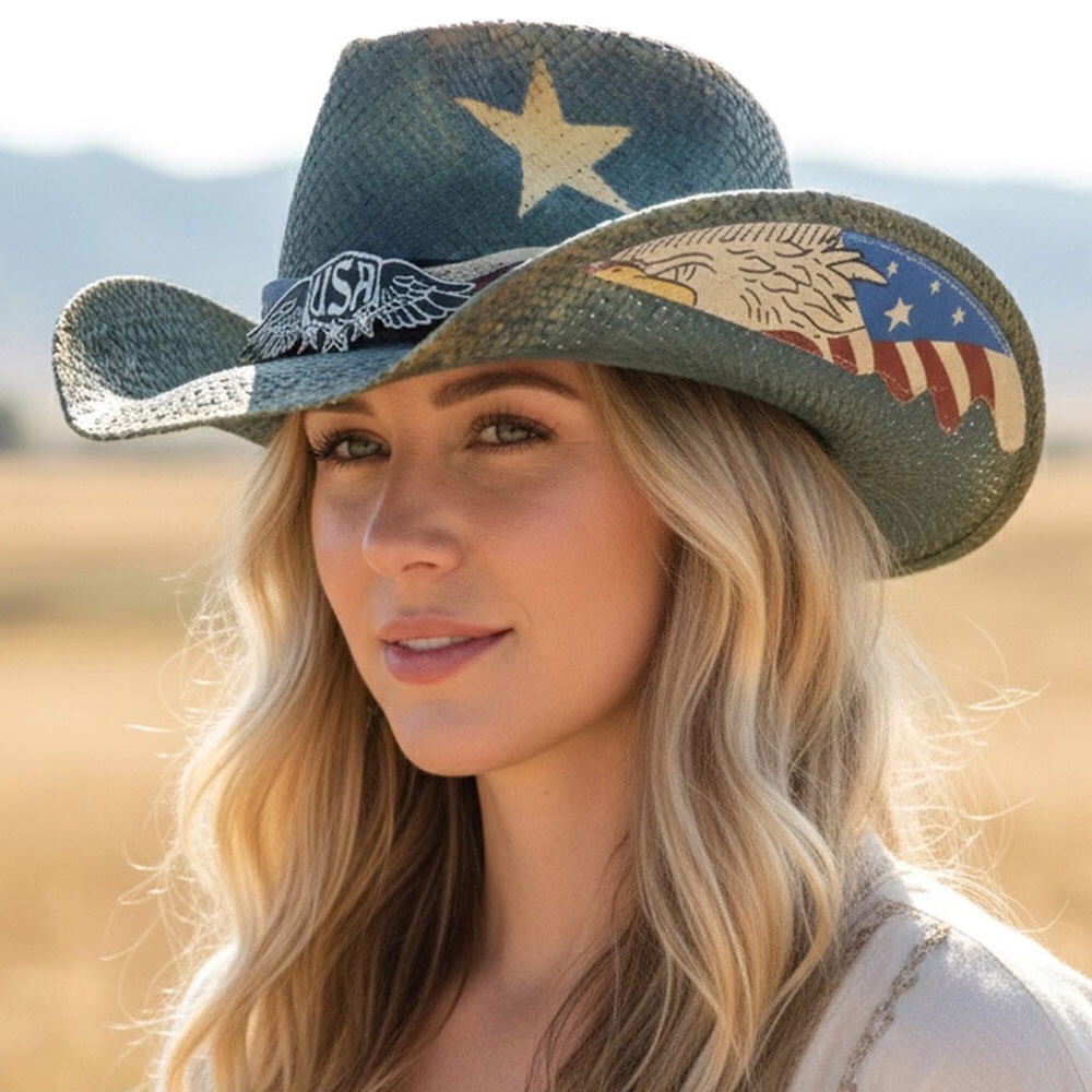 Brass Eagle USA Buckle Faux Leather Band Distressed Western Cowboy Hat
